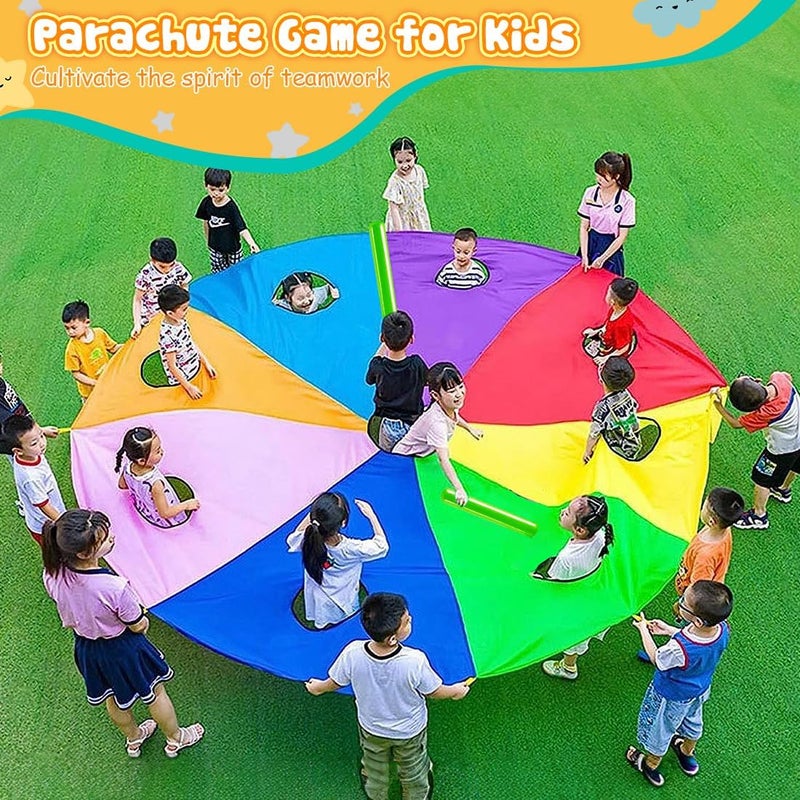 DOLEMODUO Rainbow Parachute for Kids, Play Parachute Toy with Handles, Parachute Game for Kids Cooperation Group Play and Outdoor Playground Activities - Image 2